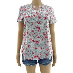Kensie XS Gray Red Rose Floral Short Sleeve Tee Shirt T-Shirt Womens V Neck